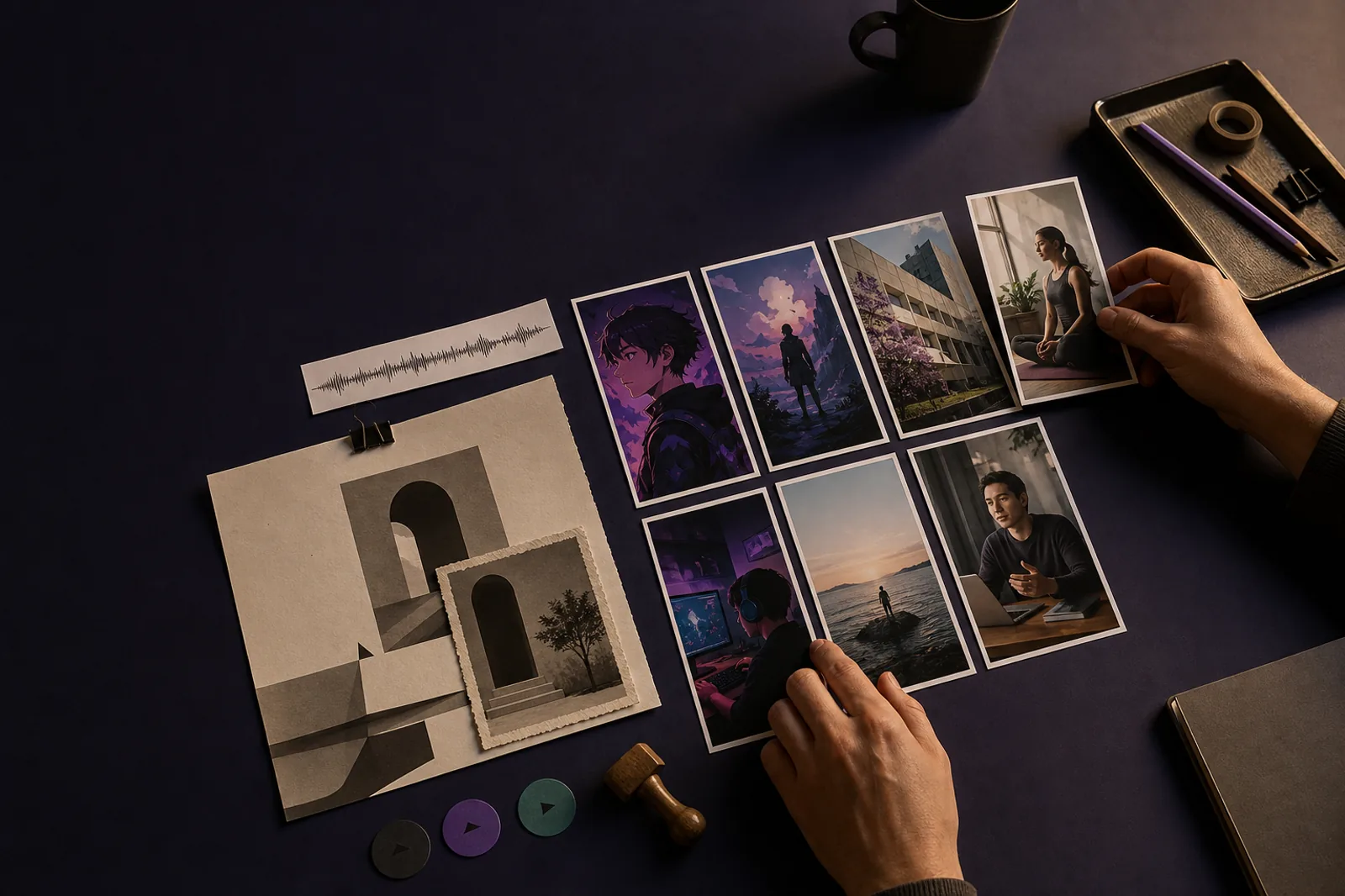 A creative team arranging source material and social content into a coherent weekly system